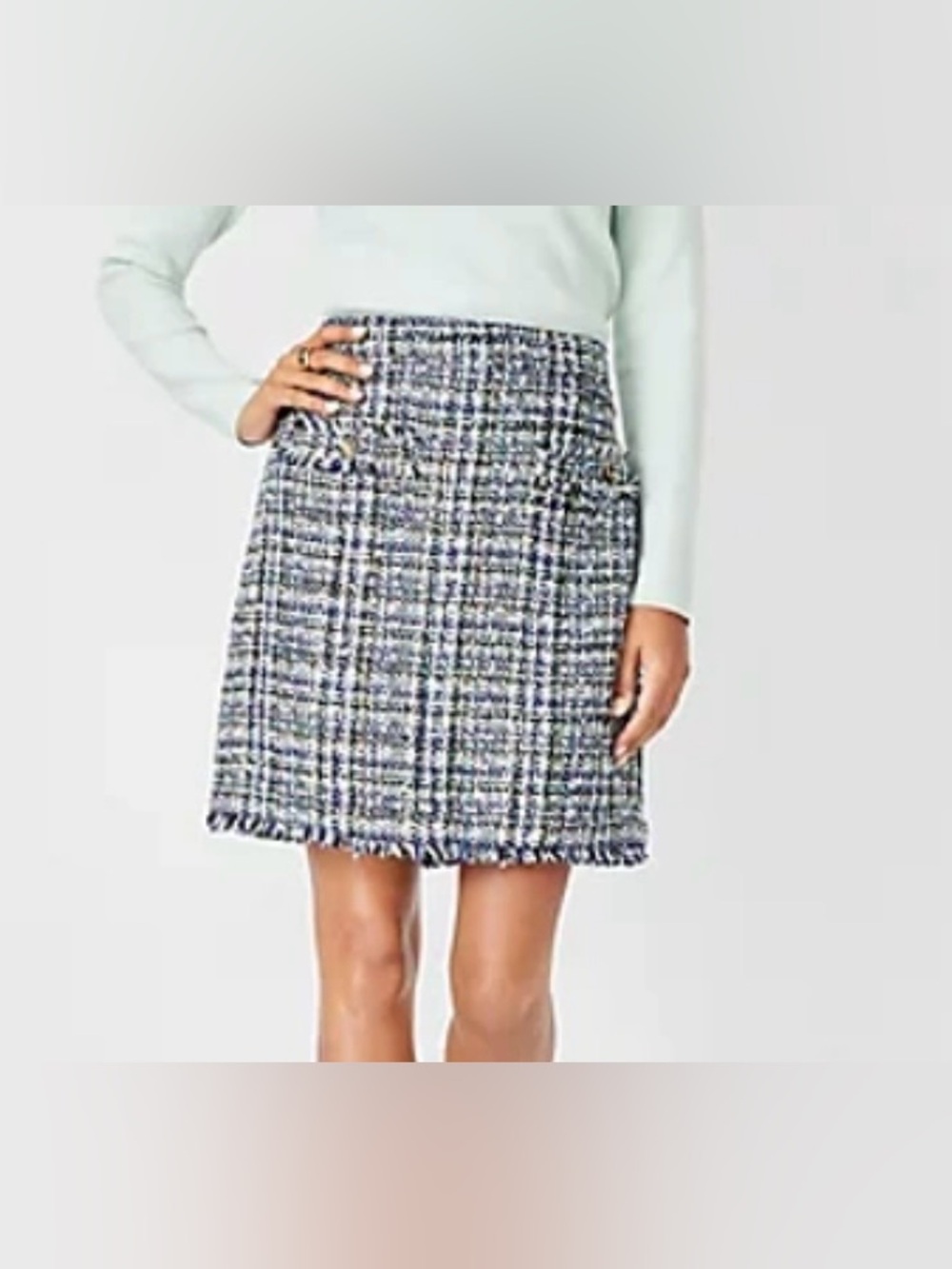 Ann Taylor Shimmer Fringe Blue Teal Green Cream Tweed A-line Pocket Skirt Sz 6